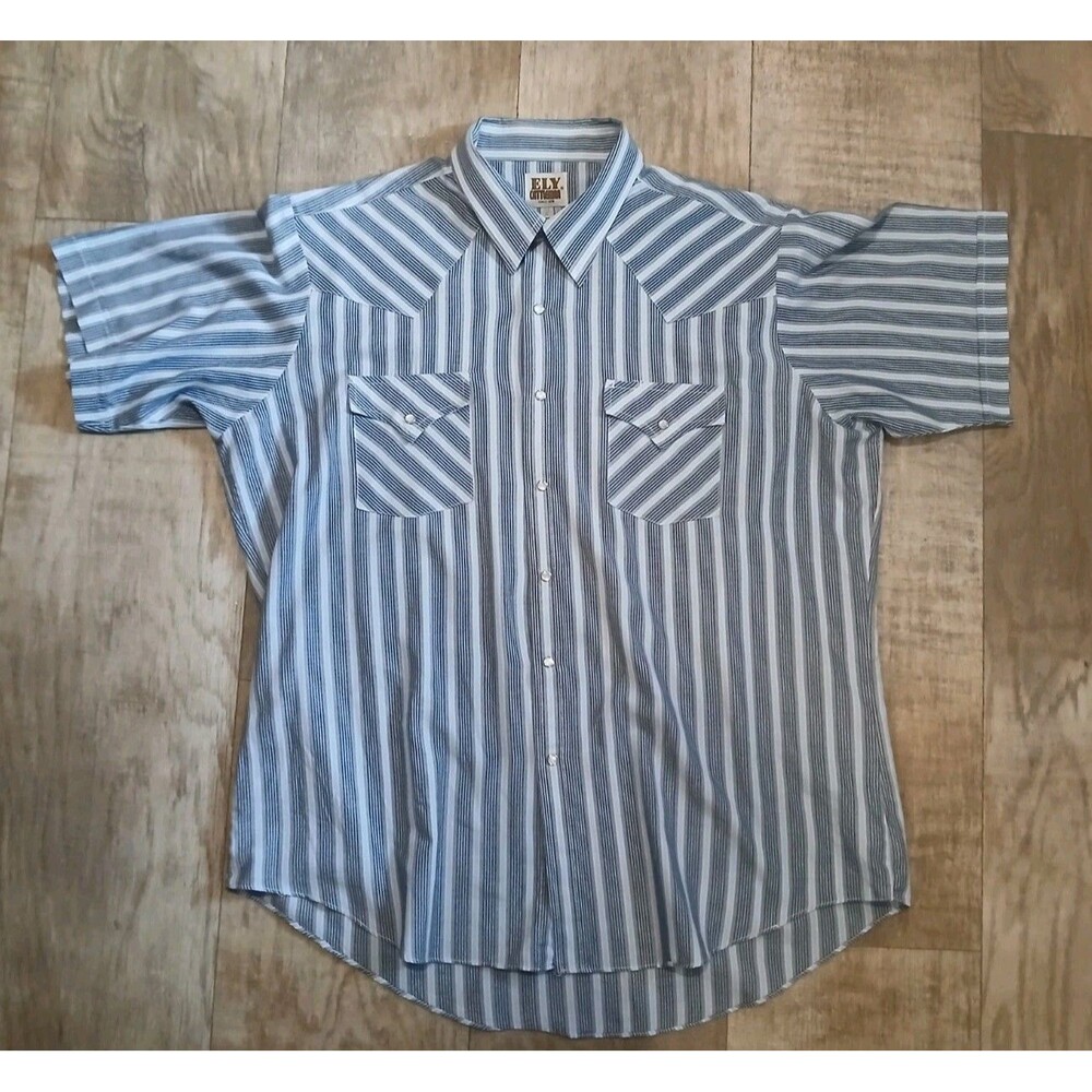 Ely Cattleman Pearl Snap Shirt Mens XL Blue Striped Western Short Sleeve Vintage